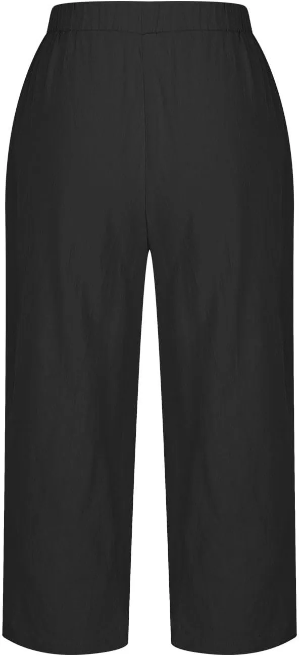 2025 Capri Linen Pants for Women Wide Leg Casual Summer Palazzo Pants High Waisted Beach Trousers with Pockets