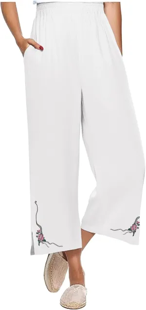 2025 Trendy Women Linen Pants Casual Wide Leg with Embroidery Pattern Cropped Palazzo Beach Boho Pant Summer Outfits