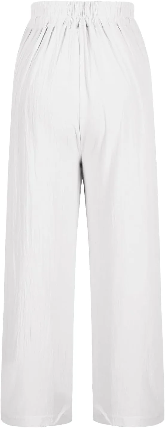 2025 Trendy Women Linen Pants Casual Wide Leg with Embroidery Pattern Cropped Palazzo Beach Boho Pant Summer Outfits