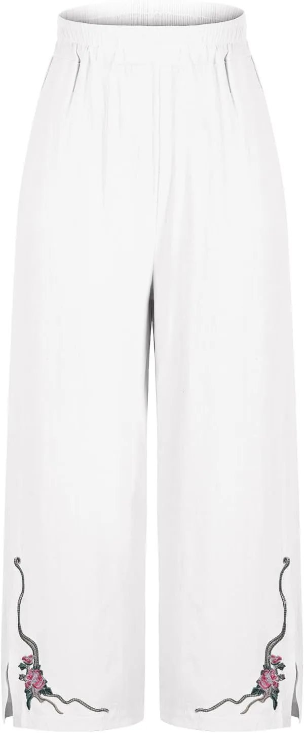 2025 Trendy Women Linen Pants Casual Wide Leg with Embroidery Pattern Cropped Palazzo Beach Boho Pant Summer Outfits