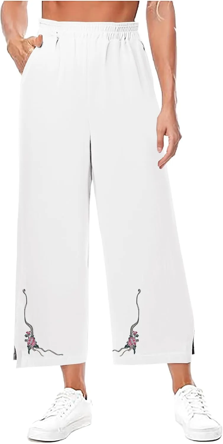 2025 Trendy Women Linen Pants Casual Wide Leg with Embroidery Pattern Cropped Palazzo Beach Boho Pant Summer Outfits