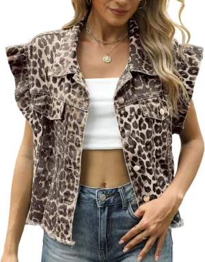 2025 Women's Denim Y2K Vintage Jean Crop Top Ruffle Sleeve Collared Neck Button Down Summer Casual Jacket