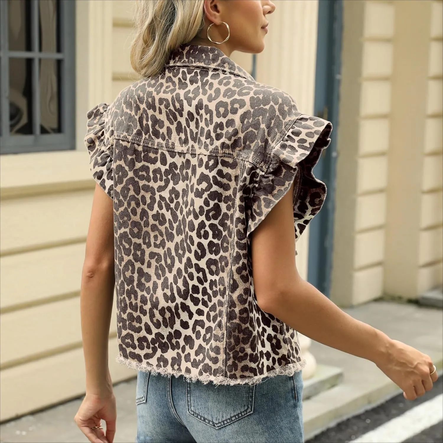2025 Women's Denim Y2K Vintage Jean Crop Top Ruffle Sleeve Collared Neck Button Down Summer Casual Jacket