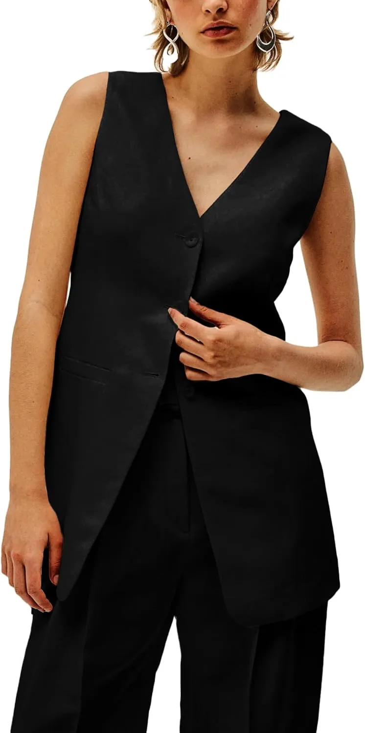 2025 Women's Summer Linen Vest Blazer Long Y2K Lightweight Fully-Lined V-Neck Fashion Casual Jackets Tops Pockets