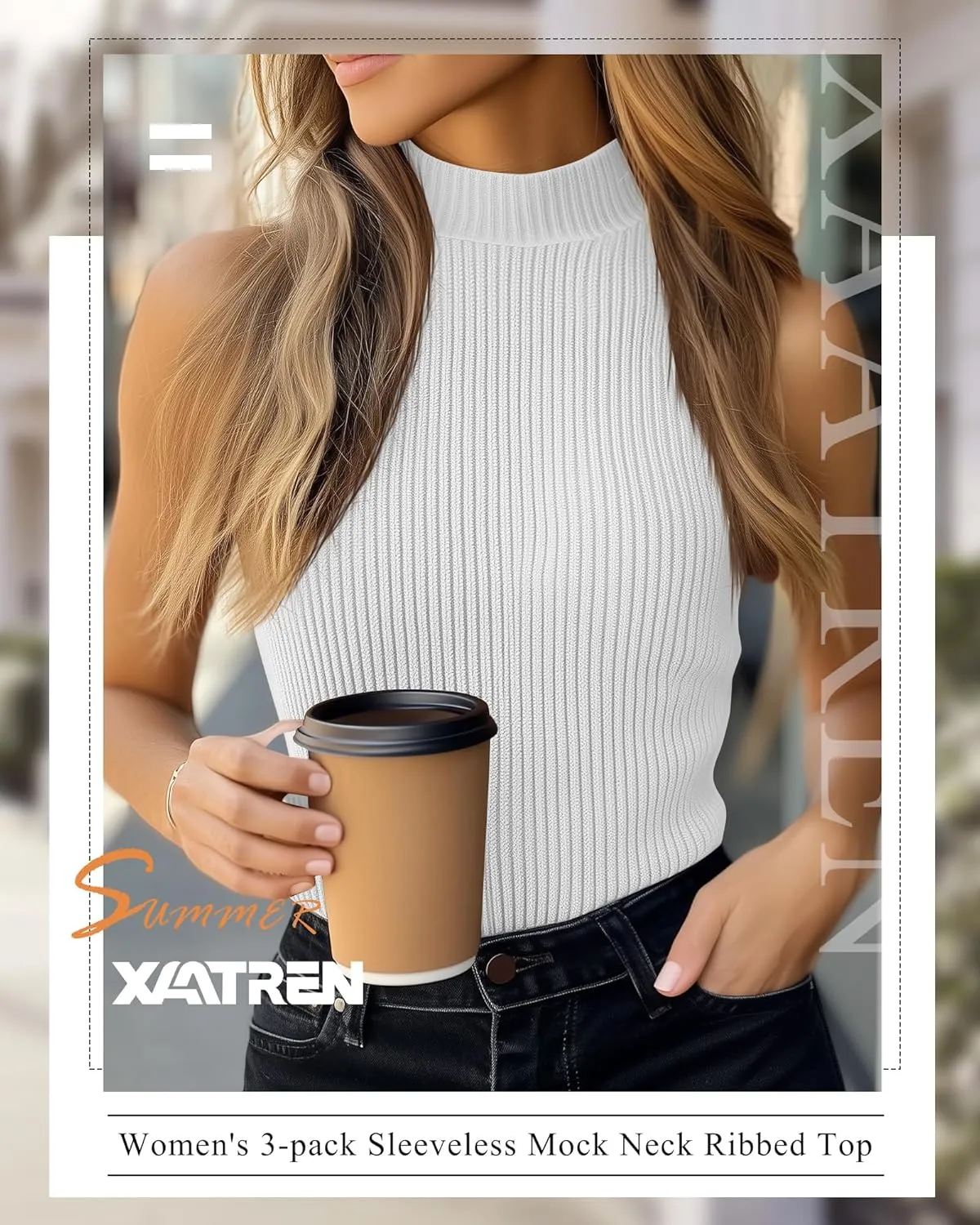 3 Pack Women's Sleeveless Mock Turtlenecks Shirts, Ribbed Stretch Slim Fitted Tank Top Basic Lightweight Bustier Tee