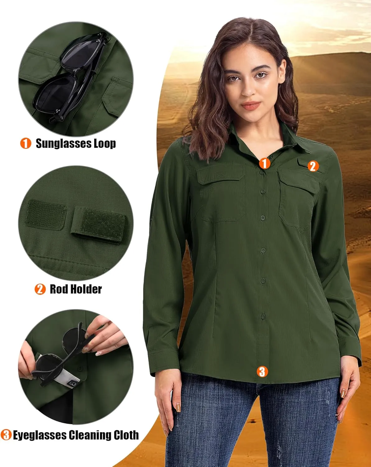 33,000ft Women's UPF 50  UV Long Sleeve Sun Protection Safari Shirts Quick Dry Outdoor Fishing Hiking Travel Shirt