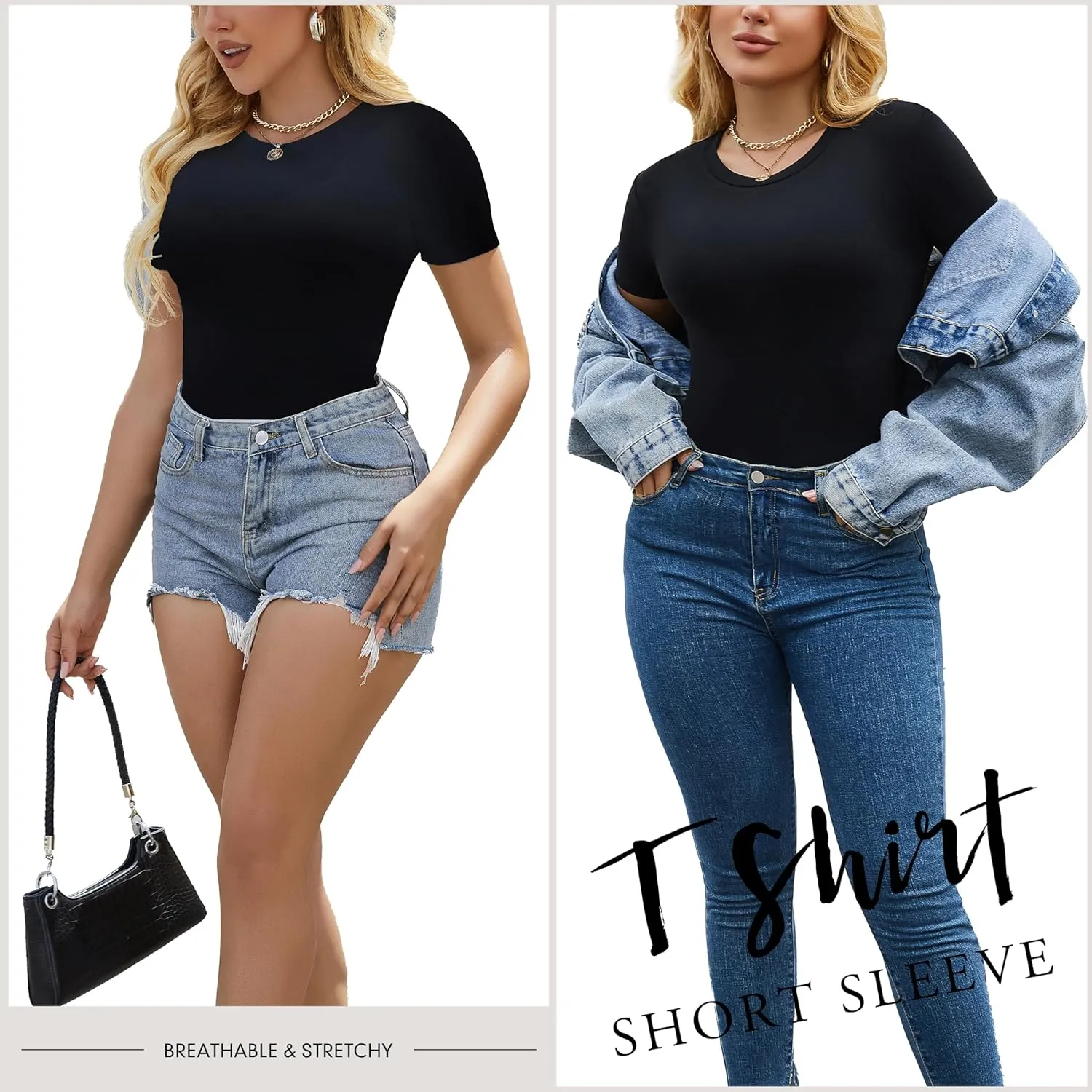 3/5 Pack Crew Neck T Shirts for Women Daily Casual Womens Fitted Tshirt Basic Tops for Women Stretchy Womens Tees