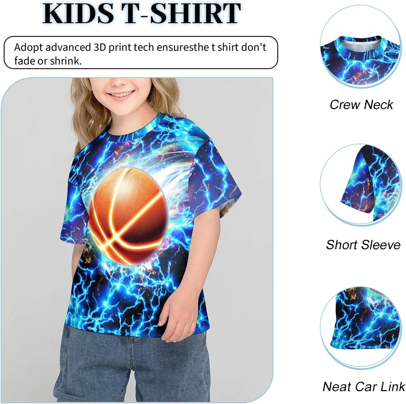 3D Graphic Kids T Shirt, Unisex Creative Print Crewneck Shirts, Boys Girls Short Sleeve Tees for 6-16 Years Teens