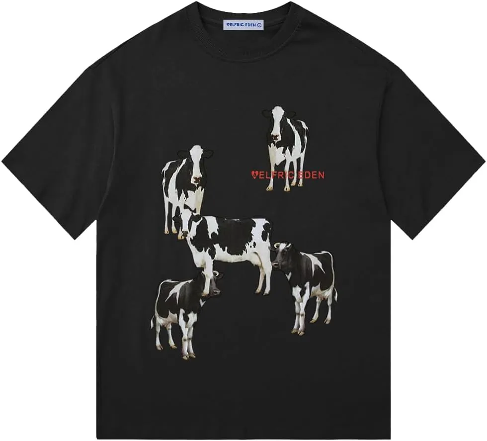 Aelfric Eden Dairy Cow Print Tee Vintage Oversize Shirts Summer Unisex Casual Harajuku Top Tshirt