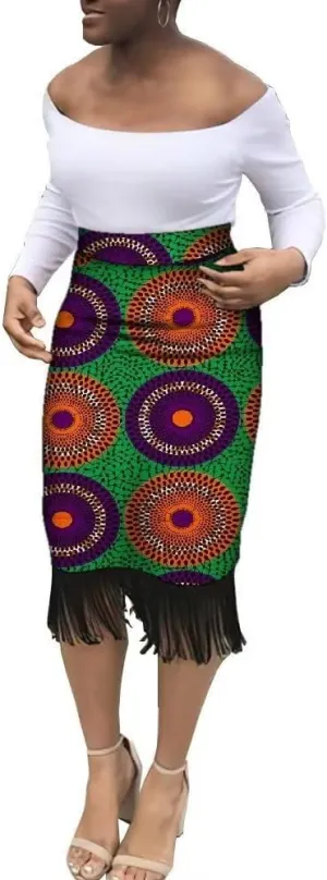 African Print Skirts for Women Ankara Midi Pencil Skirt High Waist Black Tassels Plus Size