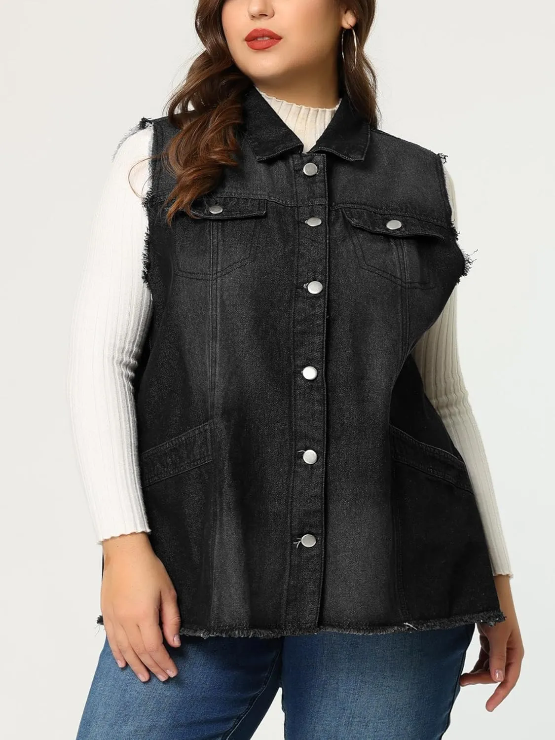 Agnes Orinda Denim Jackets for Women 2025 Plus Size Button Front Lapel Frayed Washed Sleeveless Long Jean Vest