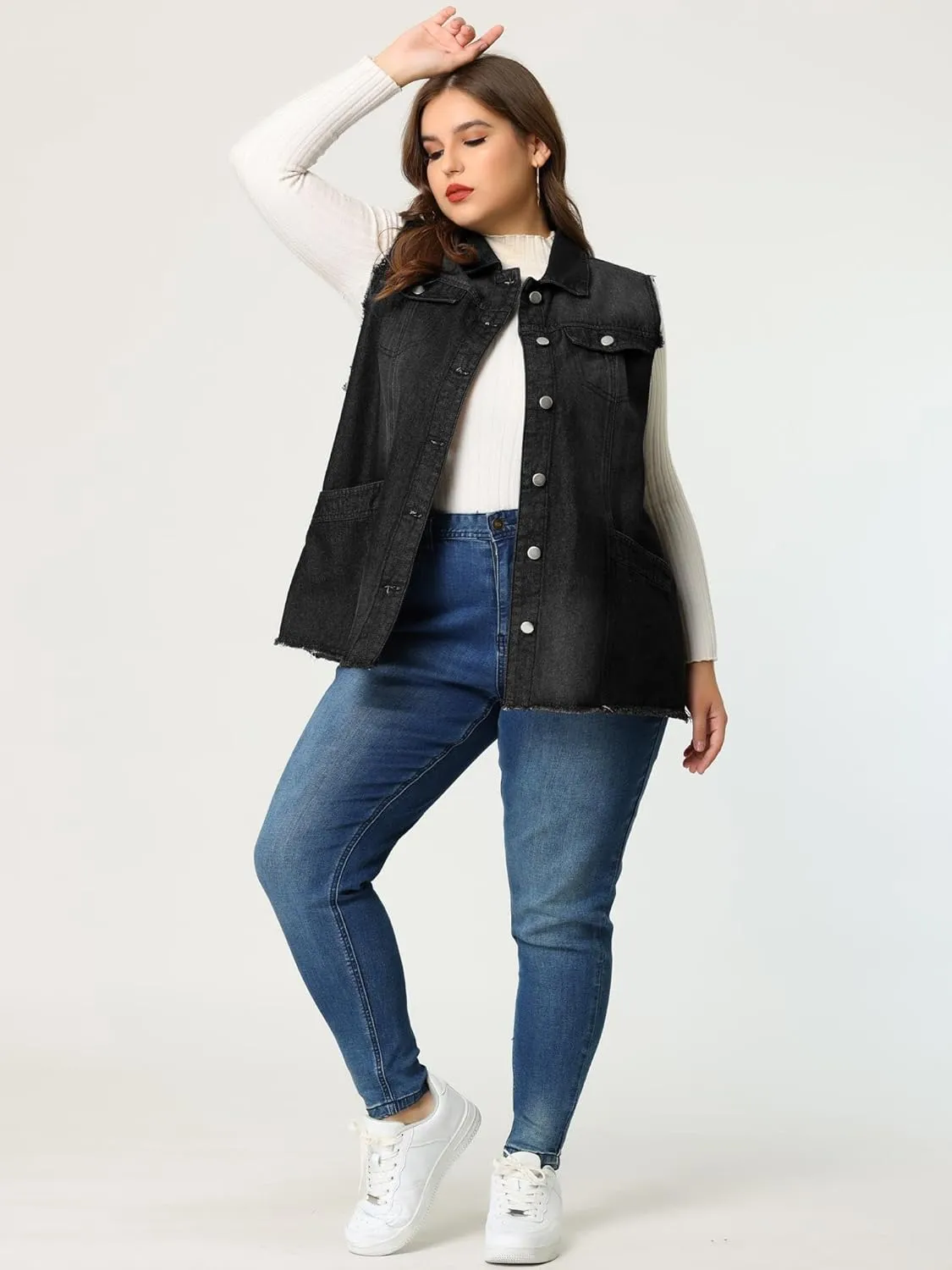 Agnes Orinda Denim Jackets for Women 2025 Plus Size Button Front Lapel Frayed Washed Sleeveless Long Jean Vest