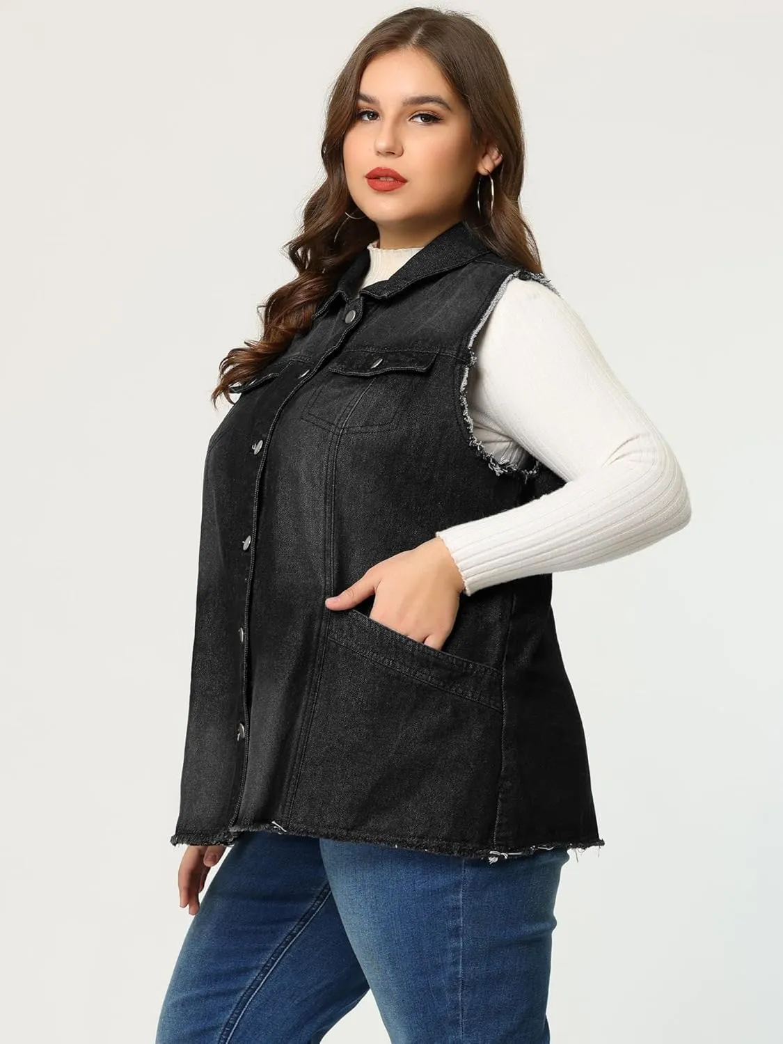 Agnes Orinda Denim Jackets for Women 2025 Plus Size Button Front Lapel Frayed Washed Sleeveless Long Jean Vest