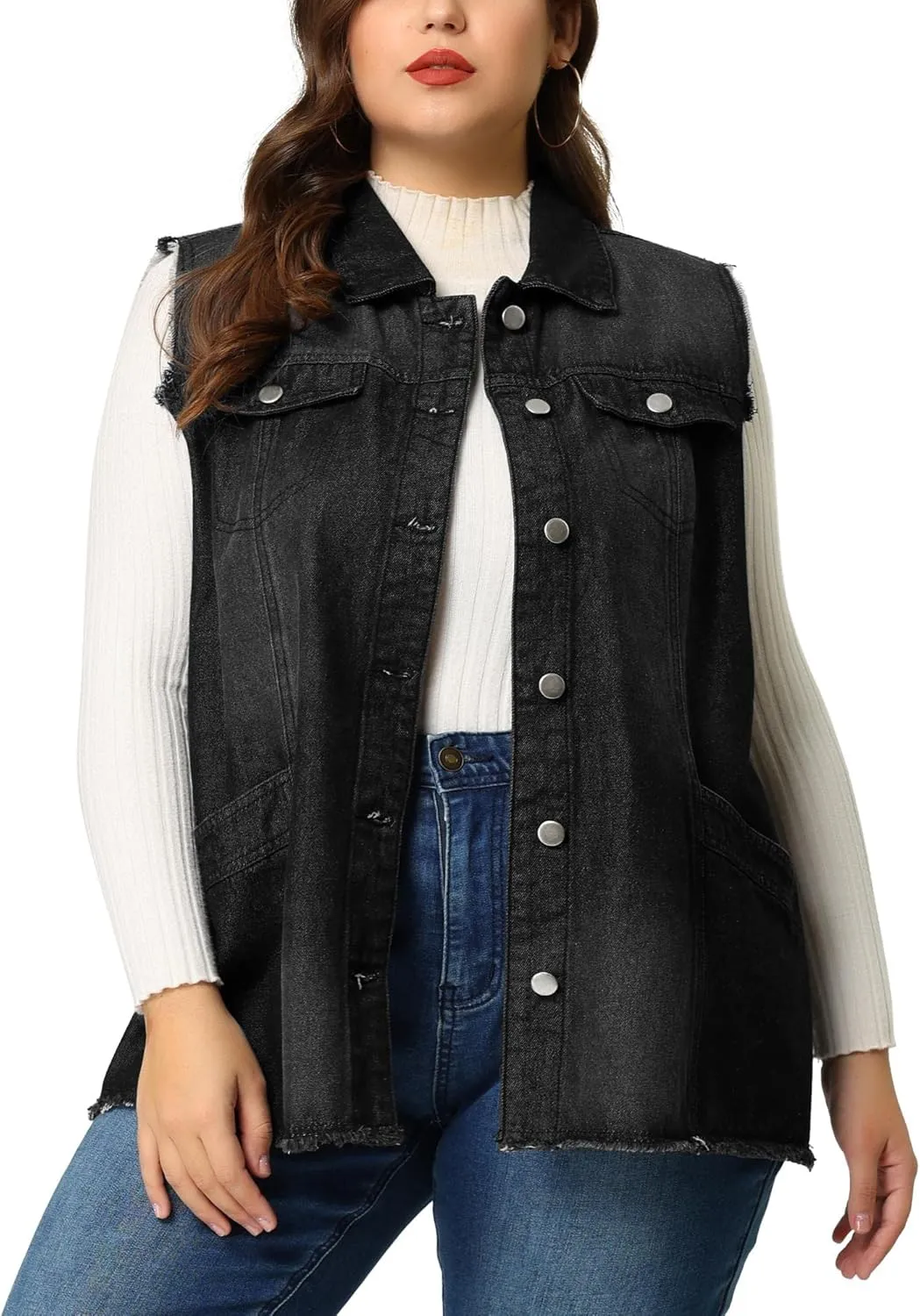 Agnes Orinda Denim Jackets for Women 2025 Plus Size Button Front Lapel Frayed Washed Sleeveless Long Jean Vest