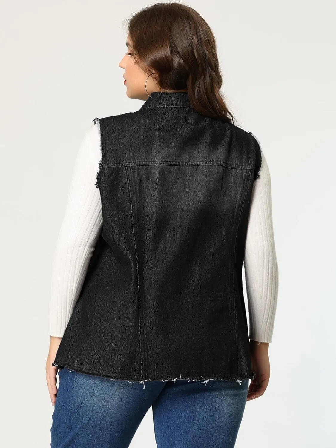 Agnes Orinda Denim Jackets for Women 2025 Plus Size Button Front Lapel Frayed Washed Sleeveless Long Jean Vest