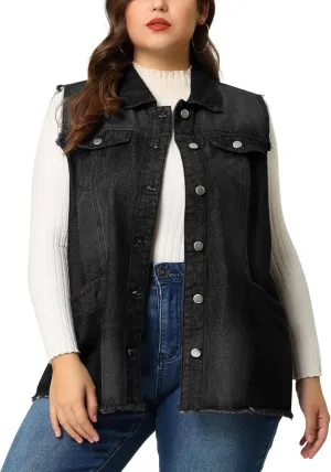Agnes Orinda Denim Jackets for Women 2025 Plus Size Button Front Lapel Frayed Washed Sleeveless Long Jean Vest