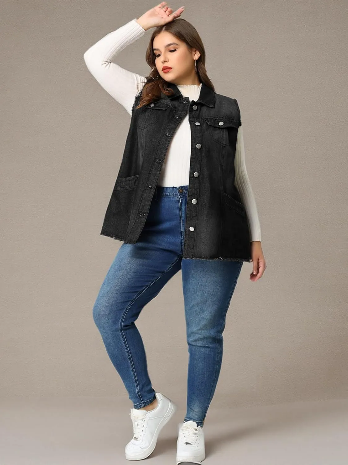 Agnes Orinda Denim Jackets for Women 2025 Plus Size Button Front Lapel Frayed Washed Sleeveless Long Jean Vest