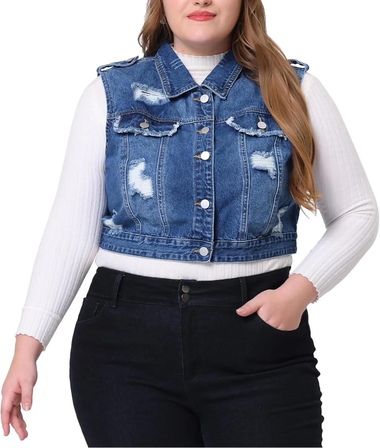 Agnes Orinda Plus Size Denim Vest for Women Sleeveless Button Jean Crop Denim Jacket Vest