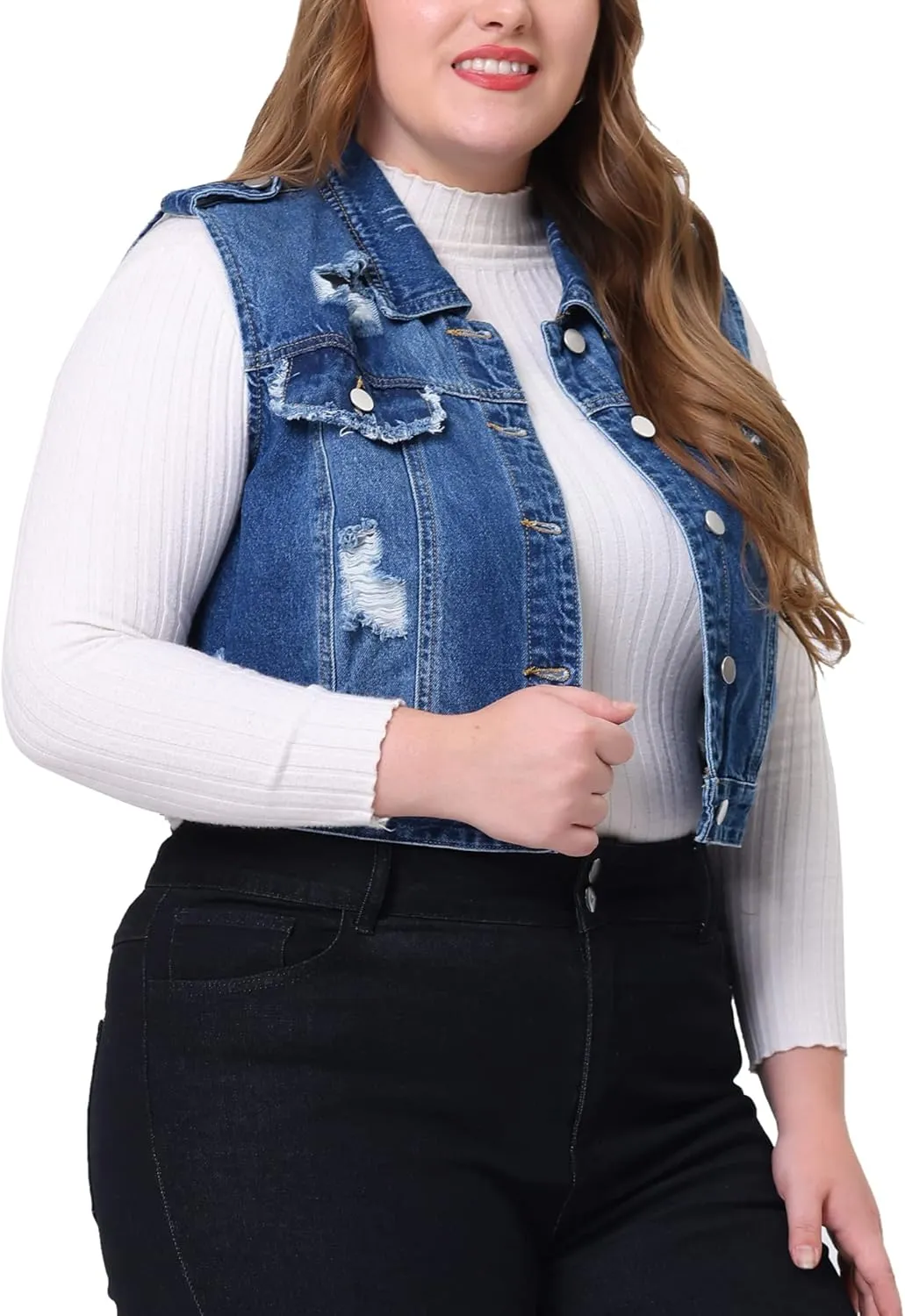 Agnes Orinda Plus Size Denim Vest for Women Sleeveless Button Jean Crop Denim Jacket Vest