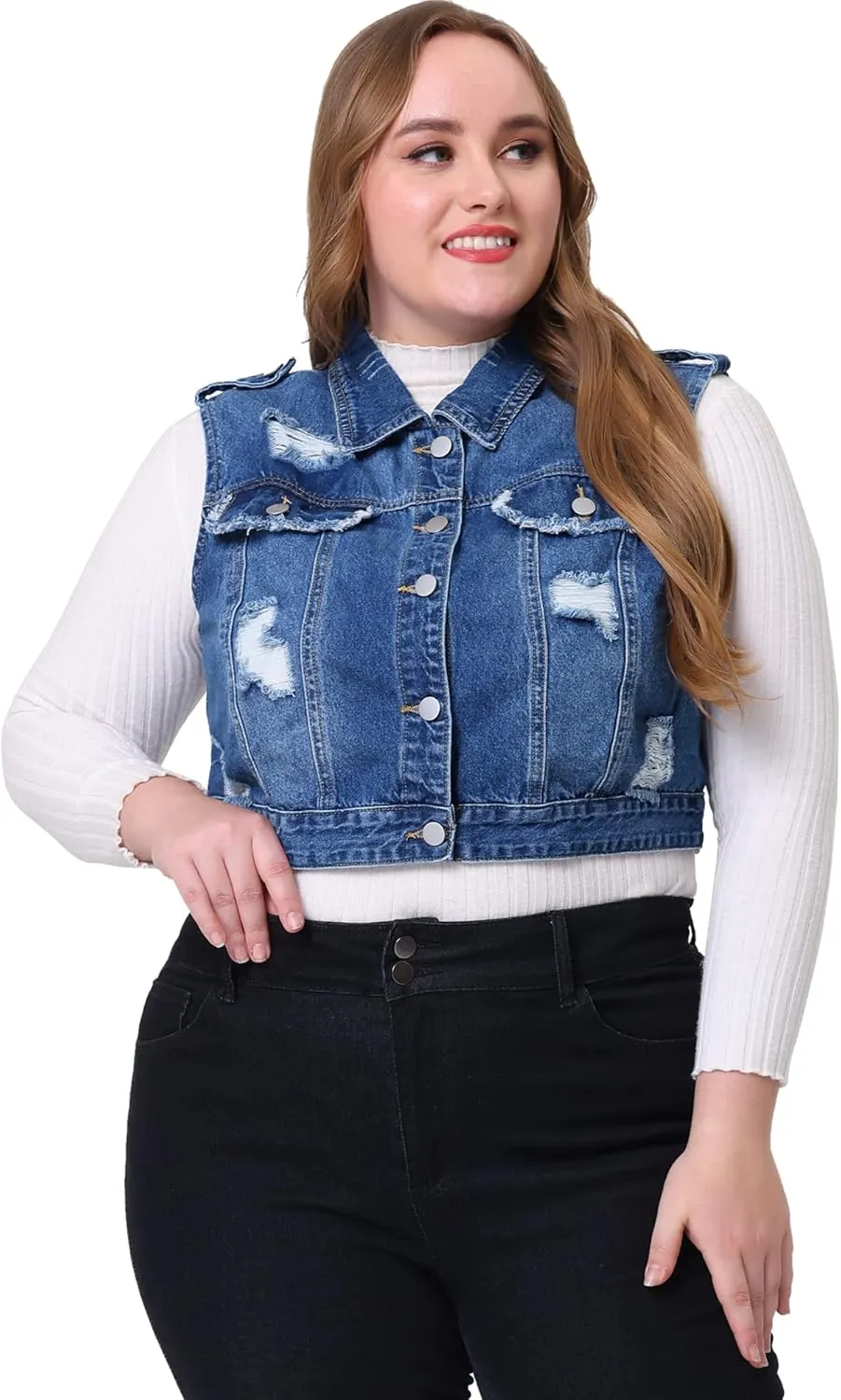 Agnes Orinda Plus Size Denim Vest for Women Sleeveless Button Jean Crop Denim Jacket Vest