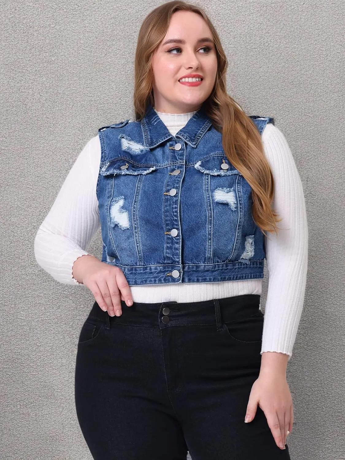 Agnes Orinda Plus Size Denim Vest for Women Sleeveless Button Jean Crop Denim Jacket Vest