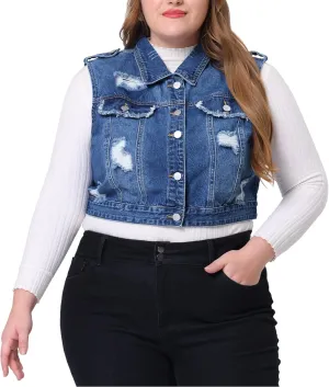Agnes Orinda Plus Size Denim Vest for Women Sleeveless Button Jean Crop Denim Jacket Vest