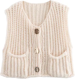 Ainangua Sleeveless Cropped Cardigan for Women Casual Chunky Knit Tank Tops Button Down Open Front Sweater Vest with Pockets