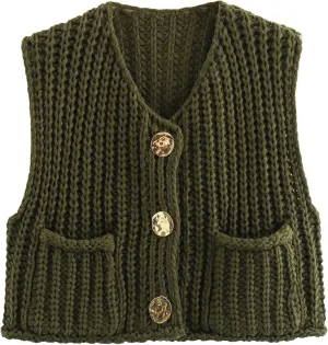 Ainangua Sleeveless Cropped Cardigan for Women Casual Chunky Knit Tank Tops Button Down Open Front Sweater Vest with Pockets