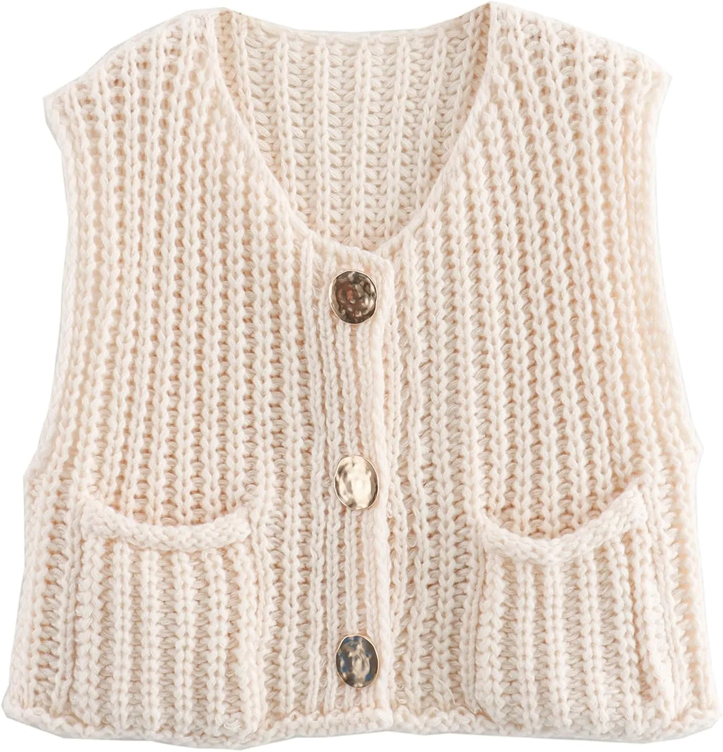 Ainangua Sleeveless Cropped Cardigan for Women Casual Chunky Knit Tank Tops Button Down Open Front Sweater Vest with Pockets
