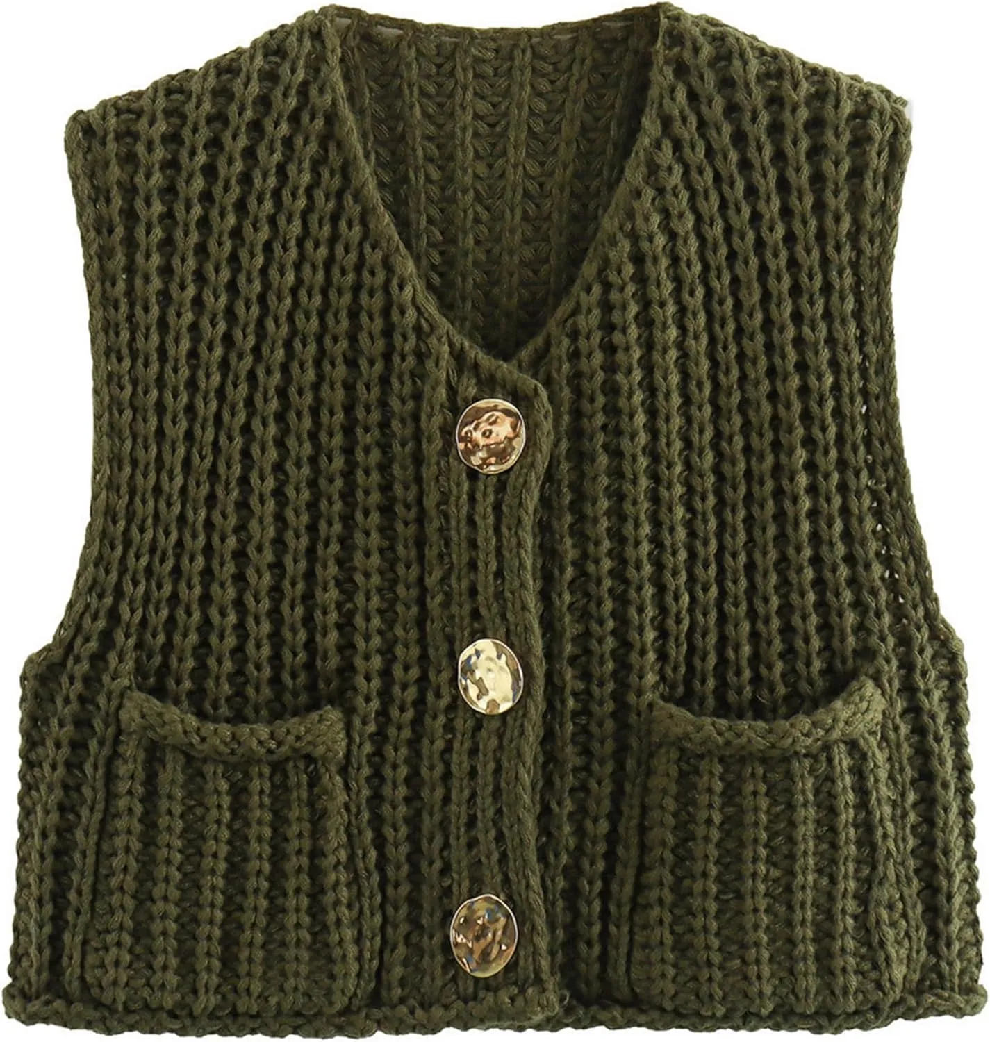 Ainangua Sleeveless Cropped Cardigan for Women Casual Chunky Knit Tank Tops Button Down Open Front Sweater Vest with Pockets