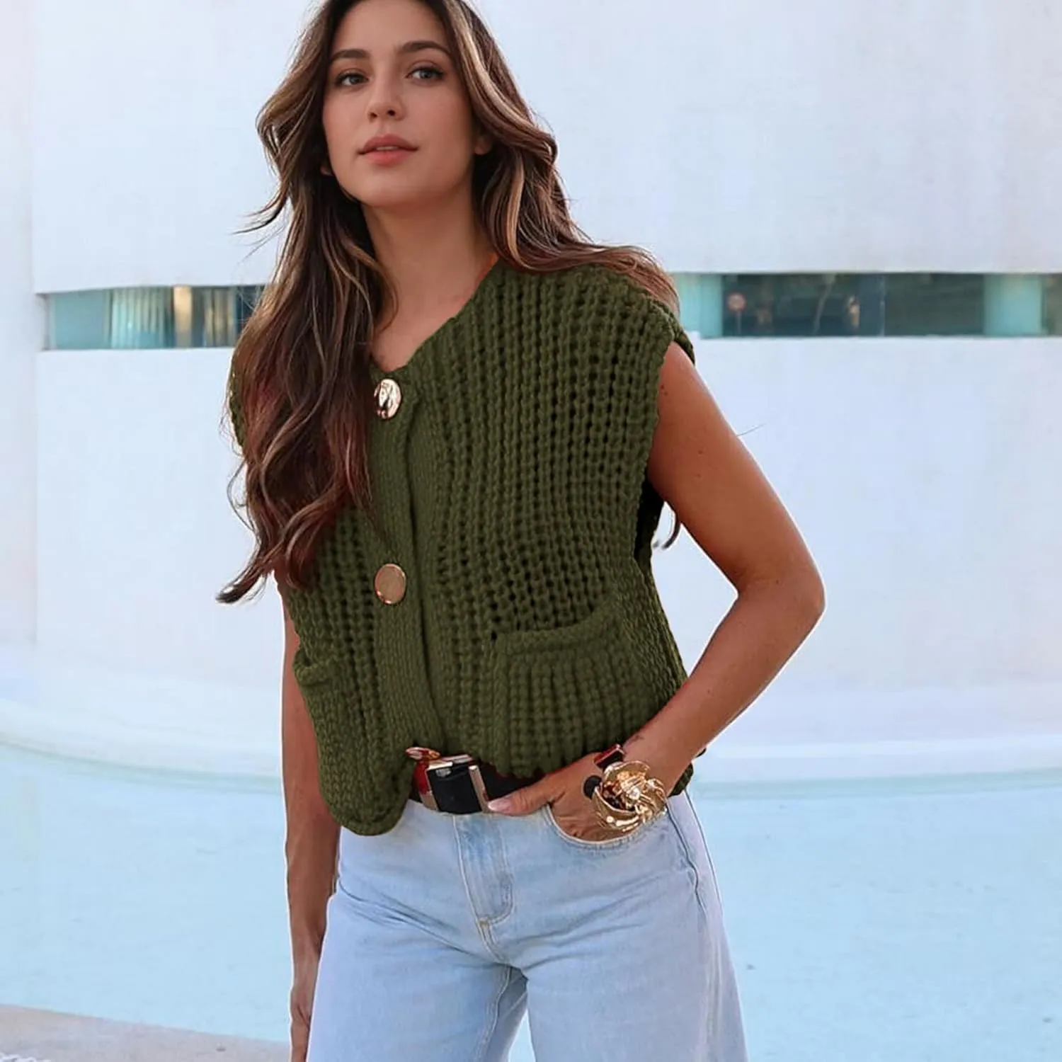 Ainangua Sleeveless Cropped Cardigan for Women Casual Chunky Knit Tank Tops Button Down Open Front Sweater Vest with Pockets