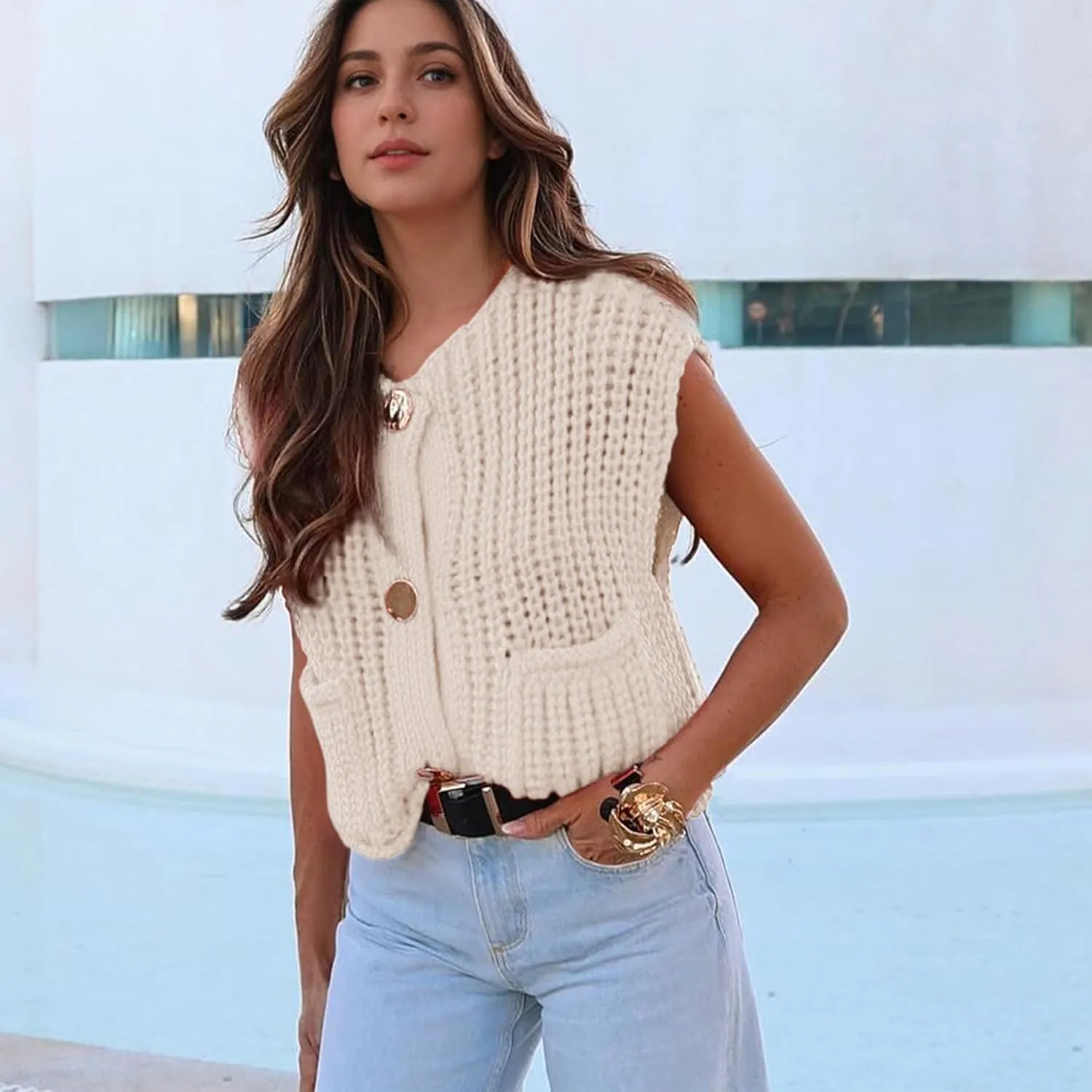 Ainangua Sleeveless Cropped Cardigan for Women Casual Chunky Knit Tank Tops Button Down Open Front Sweater Vest with Pockets