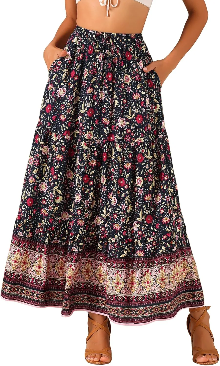 Allegra K Boho Skirt for Women's Flare Bohemian Floral Elastic Waist Flowy A-Line Vintage Casual Maxi Skirt