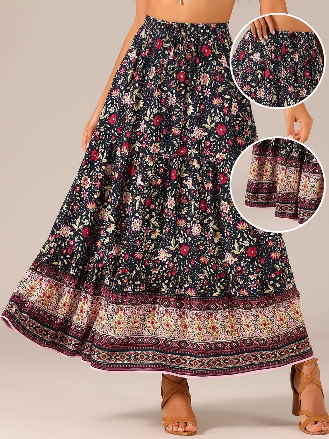 Allegra K Boho Skirt for Women's Flare Bohemian Floral Elastic Waist Flowy A-Line Vintage Casual Maxi Skirt