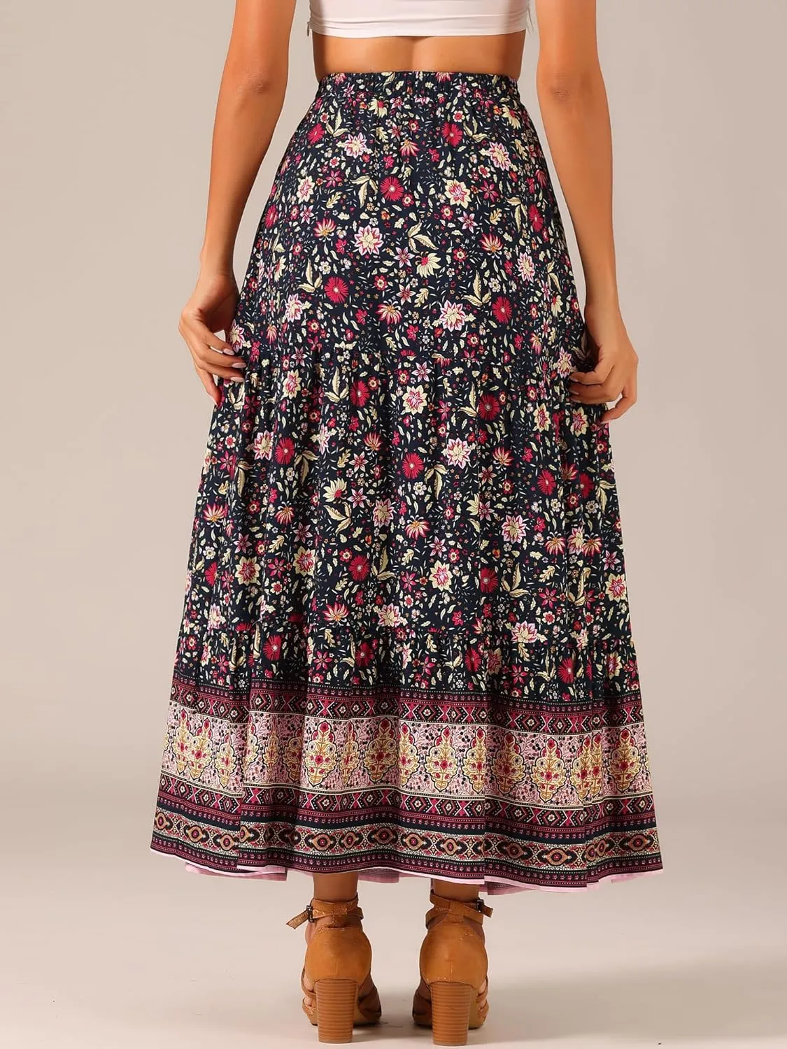Allegra K Boho Skirt for Women's Flare Bohemian Floral Elastic Waist Flowy A-Line Vintage Casual Maxi Skirt