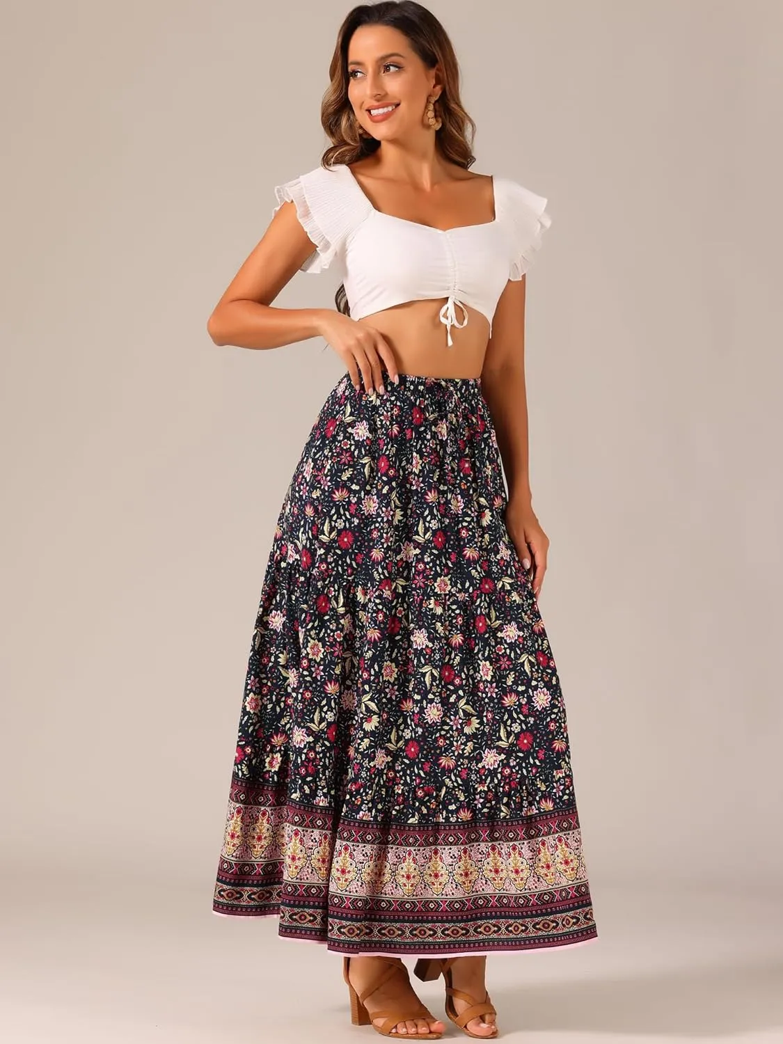 Allegra K Boho Skirt for Women's Flare Bohemian Floral Elastic Waist Flowy A-Line Vintage Casual Maxi Skirt