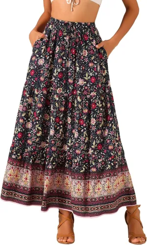Allegra K Boho Skirt for Women's Flare Bohemian Floral Elastic Waist Flowy A-Line Vintage Casual Maxi Skirt