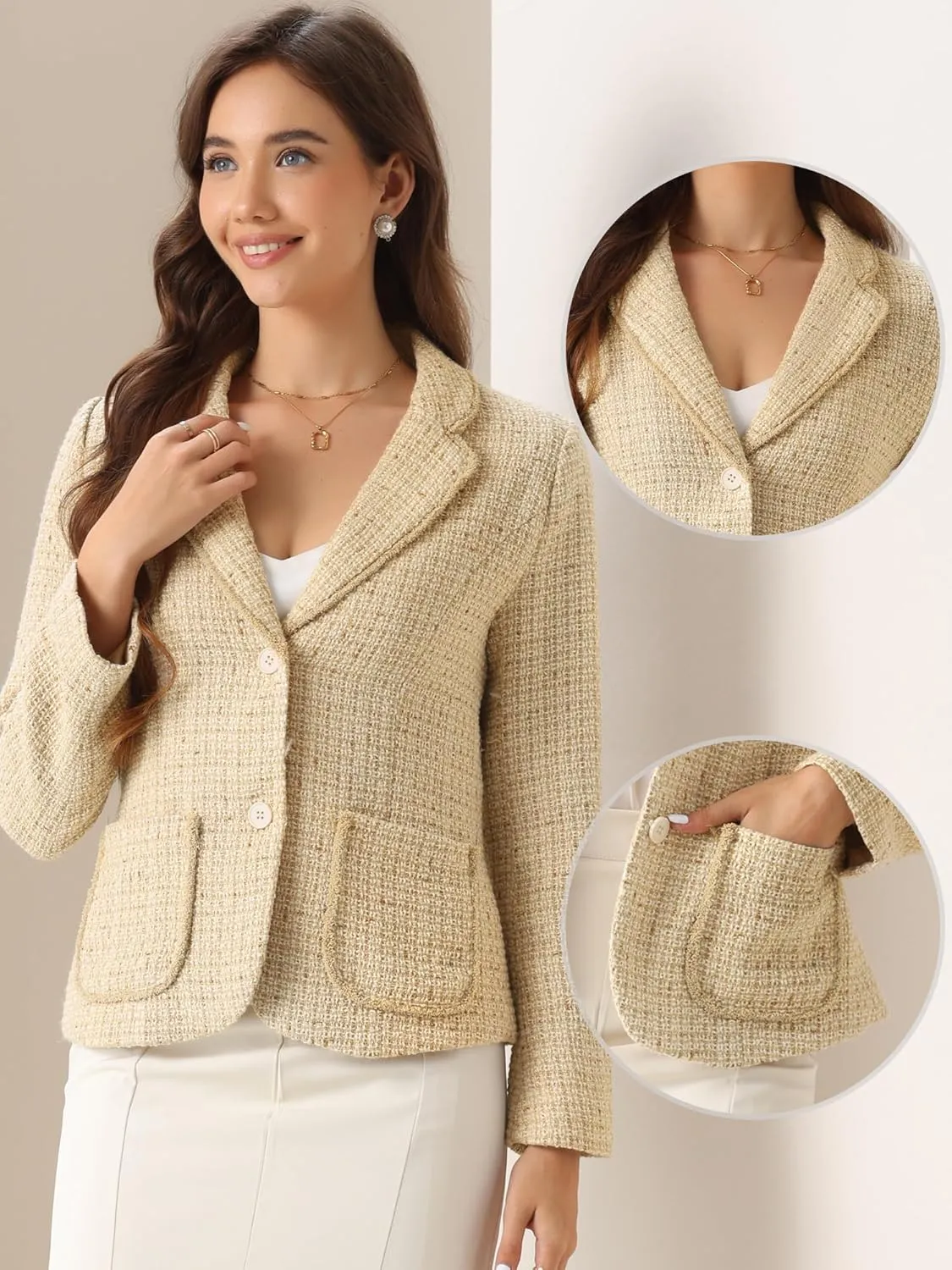 Allegra K Tweed Blazer for Women's Notch Lapel Long Sleeve 2024 Fall Elegant Business Casual Jacket