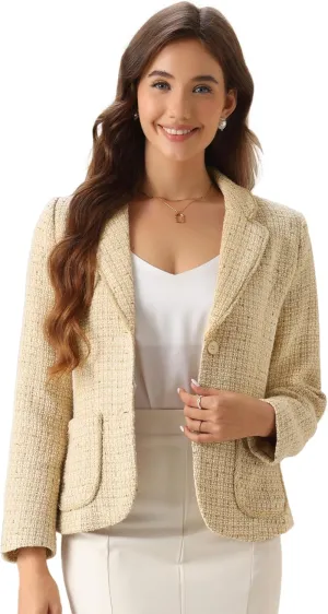 Allegra K Tweed Blazer for Women's Notch Lapel Long Sleeve 2024 Fall Elegant Business Casual Jacket