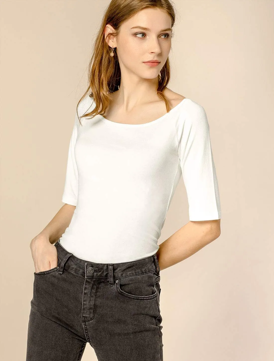 Allegra K Women's Half Sleeves Scoop Neck Fitted Layering Top Soft T-Shirt