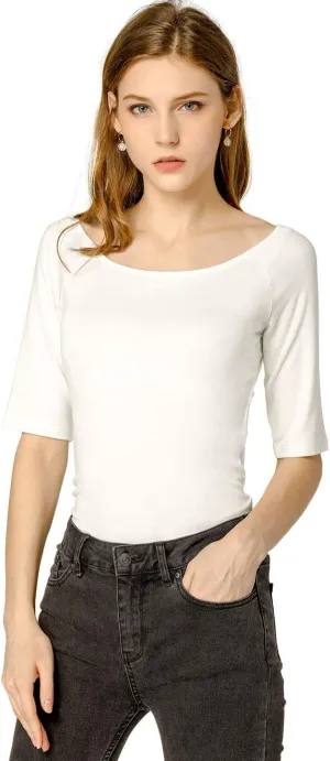 Allegra K Women's Half Sleeves Scoop Neck Fitted Layering Top Soft T-Shirt