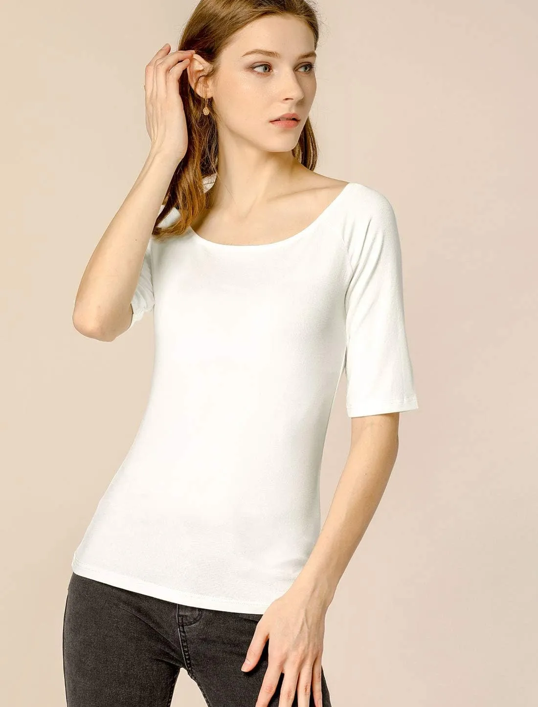 Allegra K Women's Half Sleeves Scoop Neck Fitted Layering Top Soft T-Shirt