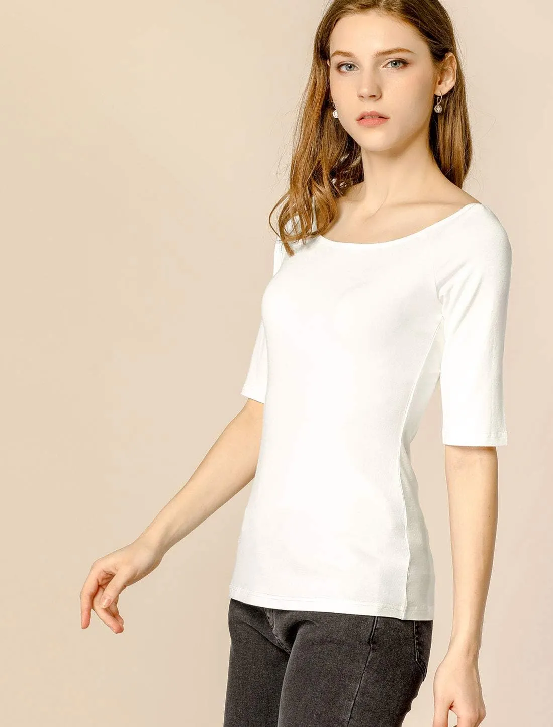 Allegra K Women's Half Sleeves Scoop Neck Fitted Layering Top Soft T-Shirt