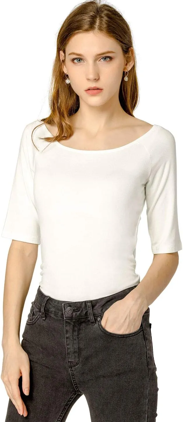 Allegra K Women's Half Sleeves Scoop Neck Fitted Layering Top Soft T-Shirt