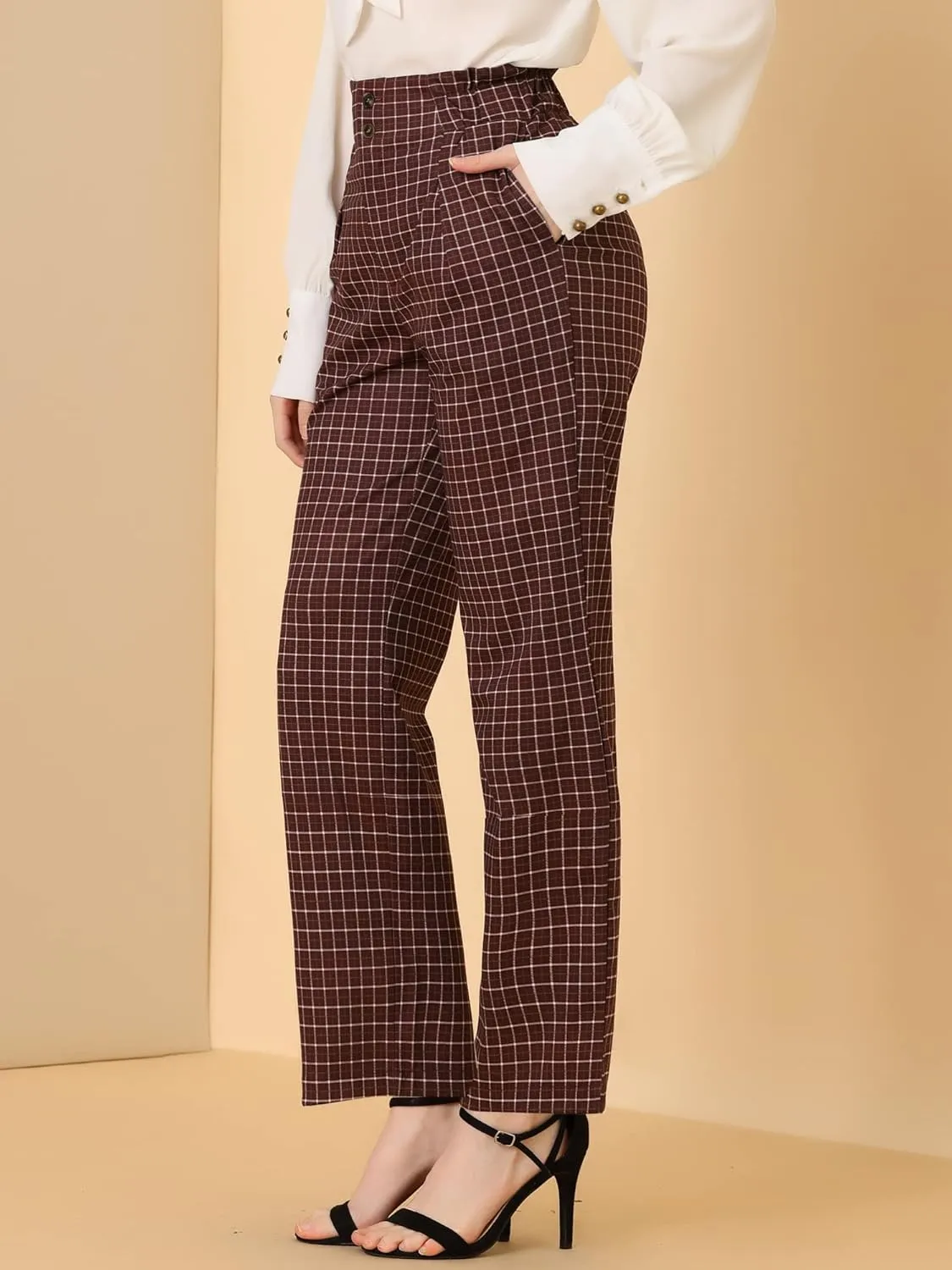 Allegra K Women's High Waist Casual Plaid Tartan Straight Leg Long Pants