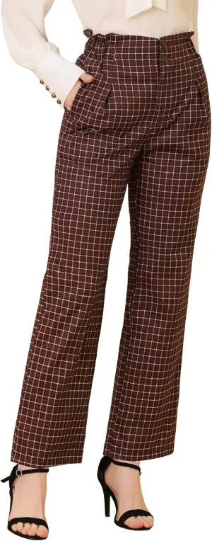Allegra K Women's High Waist Casual Plaid Tartan Straight Leg Long Pants