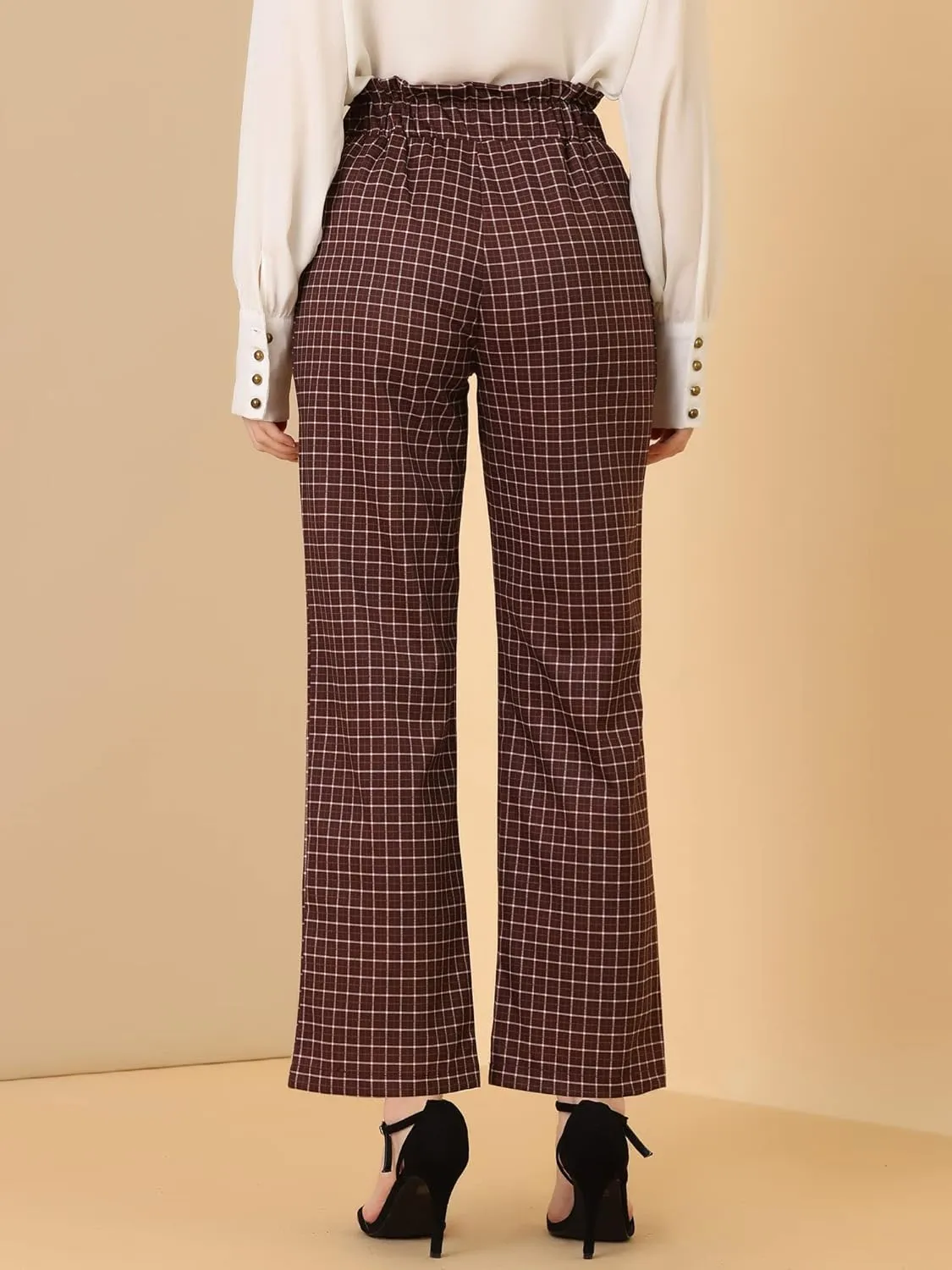 Allegra K Women's High Waist Casual Plaid Tartan Straight Leg Long Pants