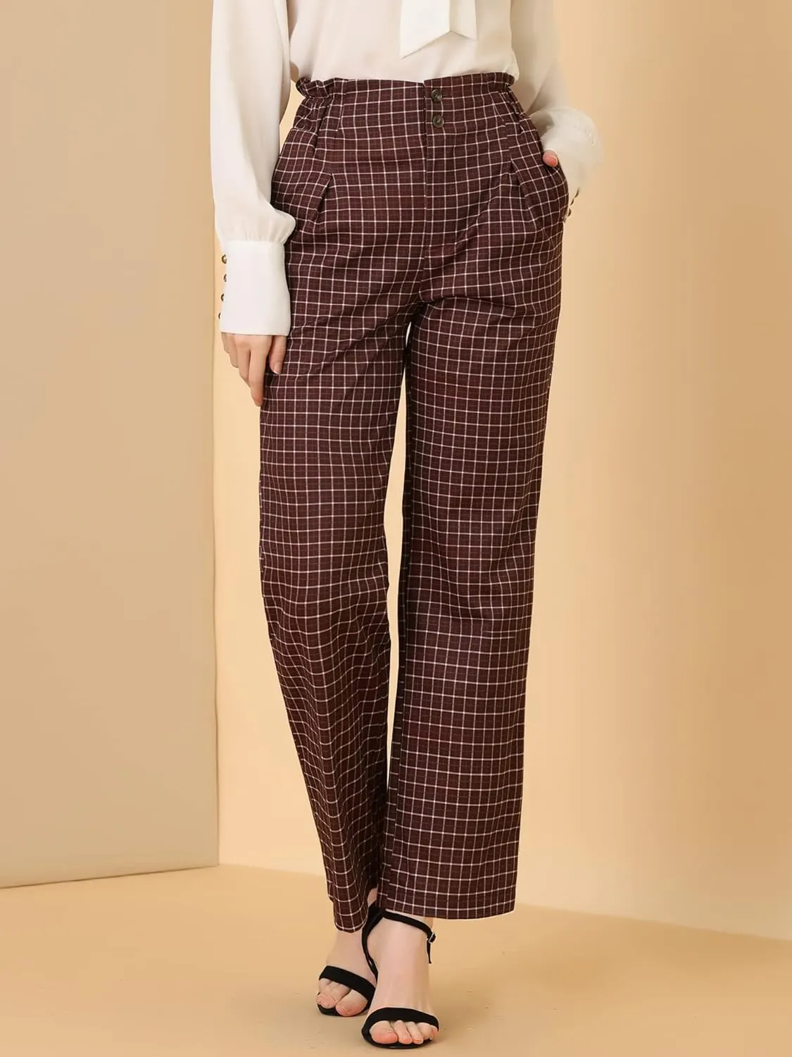 Allegra K Women's High Waist Casual Plaid Tartan Straight Leg Long Pants
