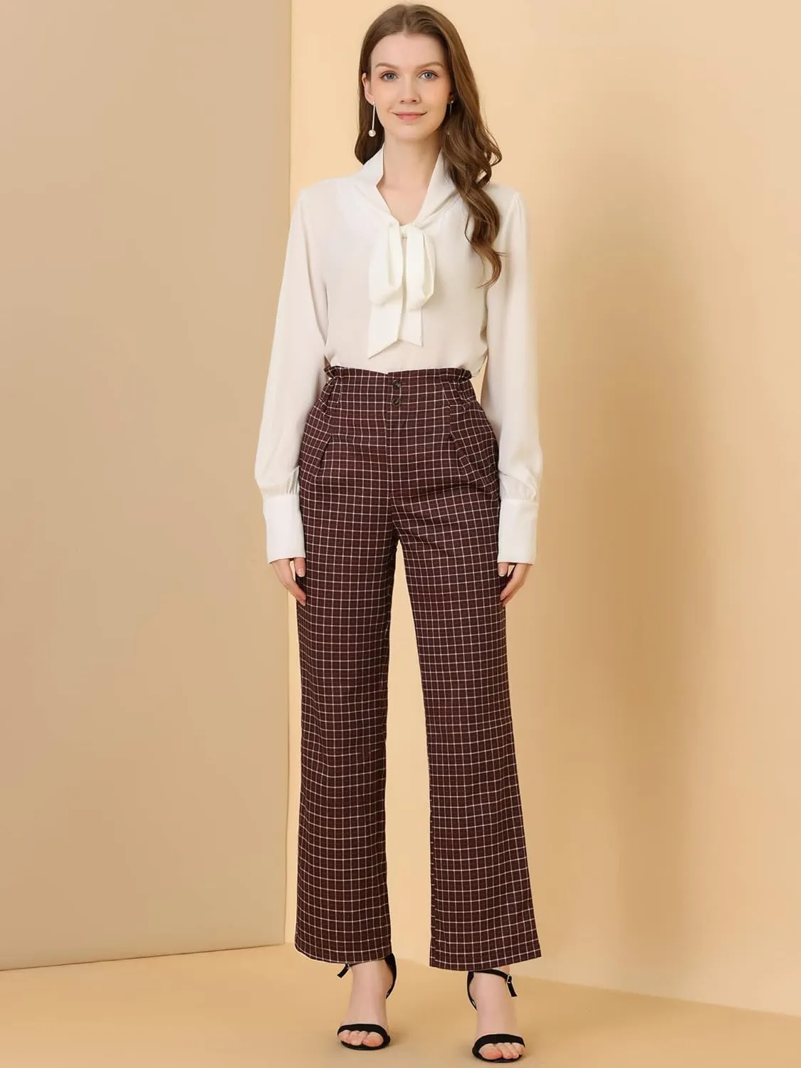 Allegra K Women's High Waist Casual Plaid Tartan Straight Leg Long Pants