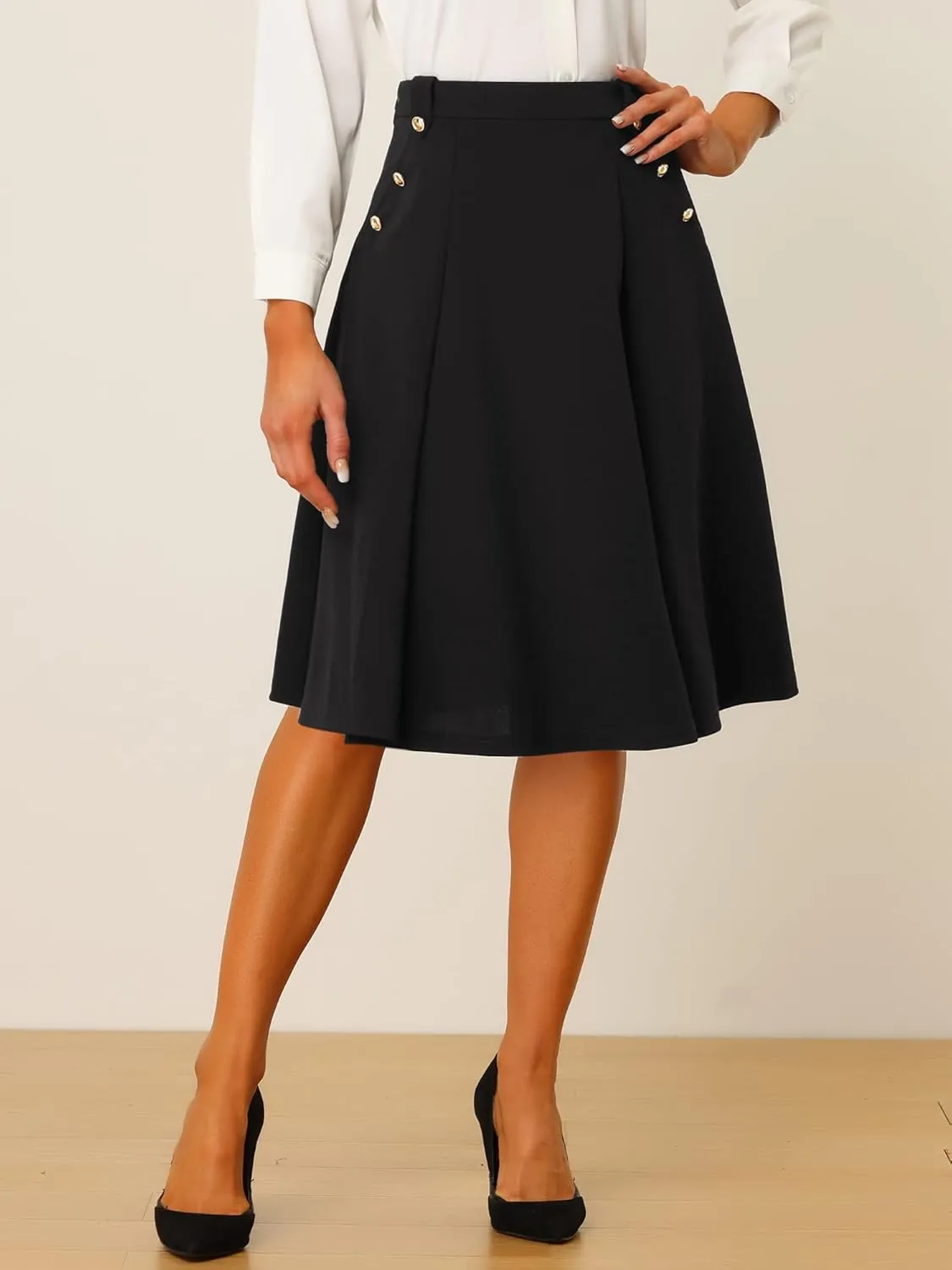 Allegra K Women's High Waist Work Office Vintage Pleated Flared Teacher Midi Skirt